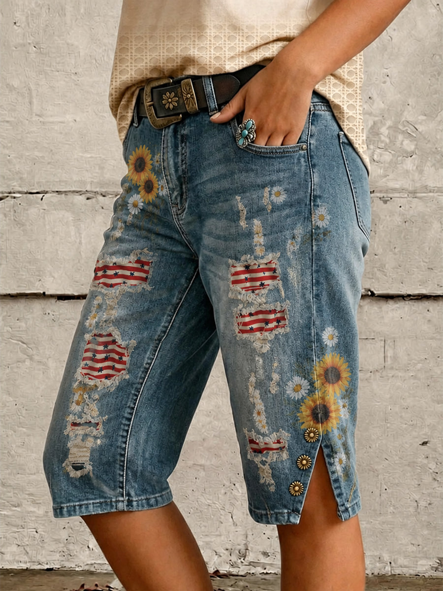 Retro Style Floral Art Print Vintage Casual Denim Shorts